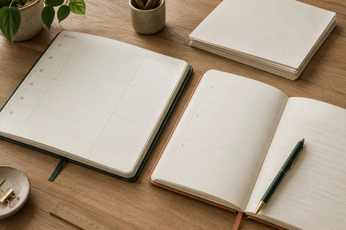 Deux agendas ouverts sur un bureau, l’un structuré par semaine et l’autre composé de pages à compléter.