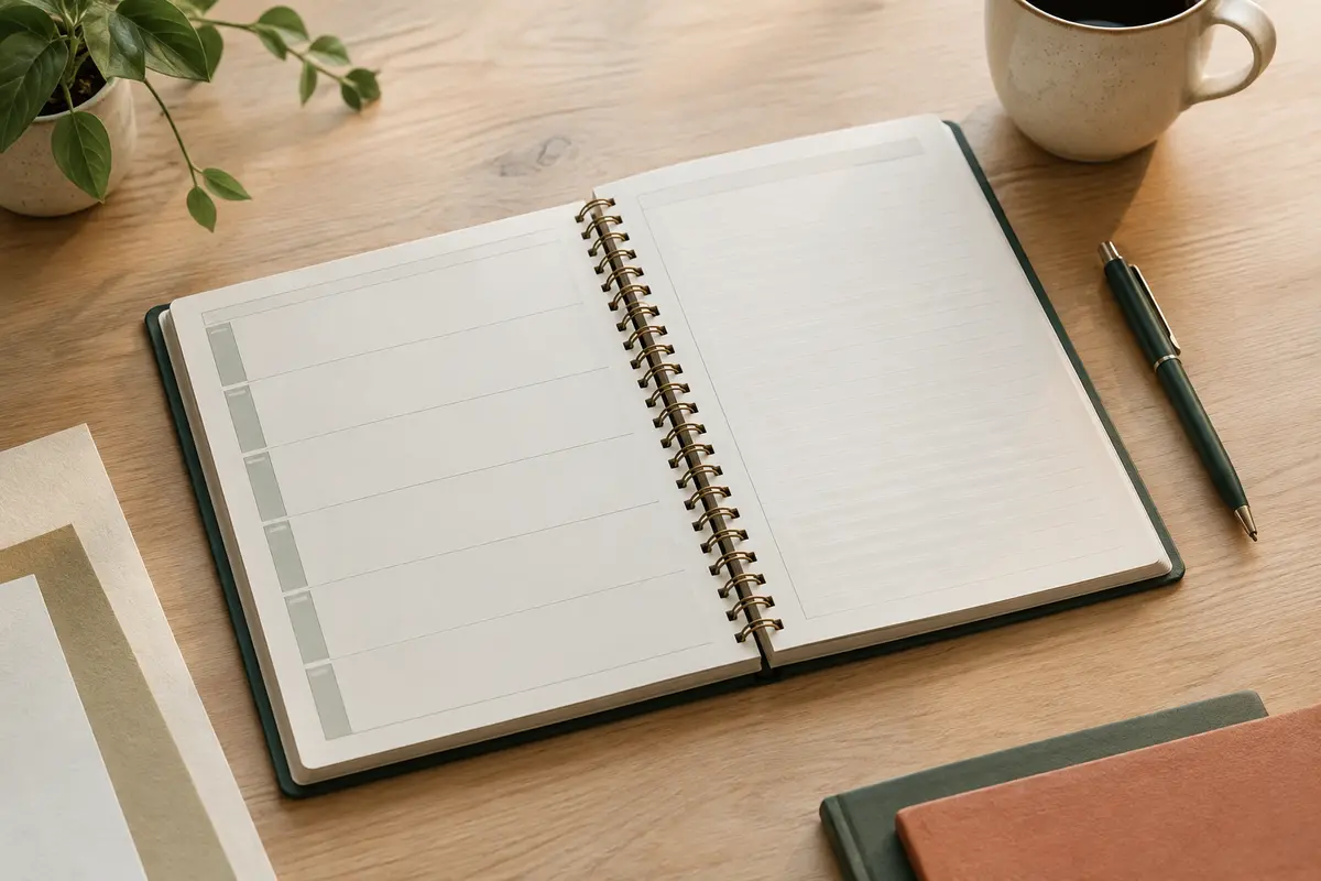 Agenda ouvert sur un bureau, montrant côte à côte une vue de la semaine et une page quotidienne