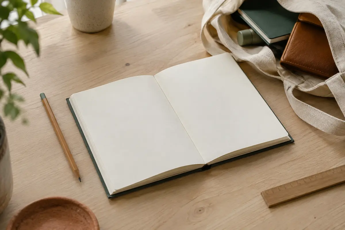 Carnet ouvert à plat près d’un sac, illustrant le choix d’un format compact pour les déplacements.