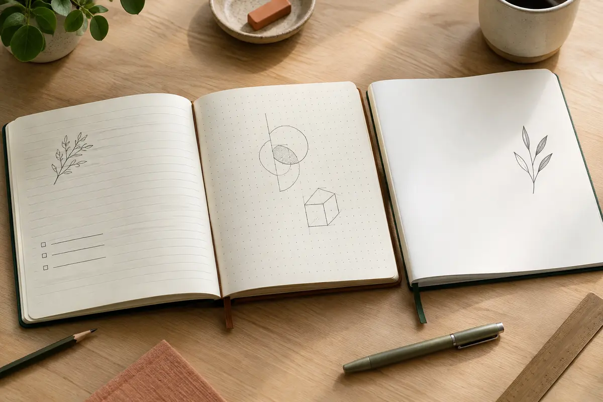 Trois carnets ouverts montrent des pages lignées, pointillées et blanches pour comparer leurs usages.