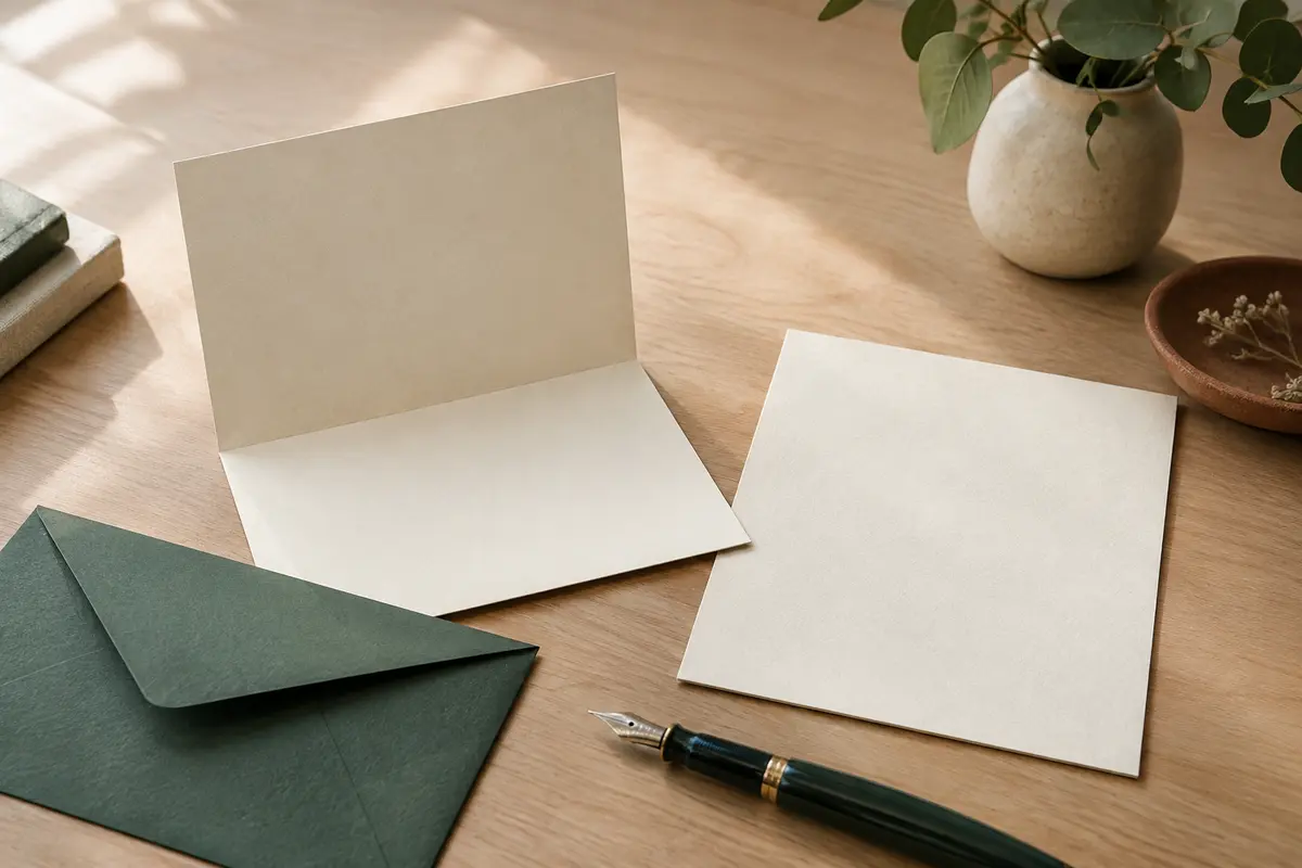 Carte pliée ouverte et carte simple à plat, avec enveloppe et stylo sur une table claire
