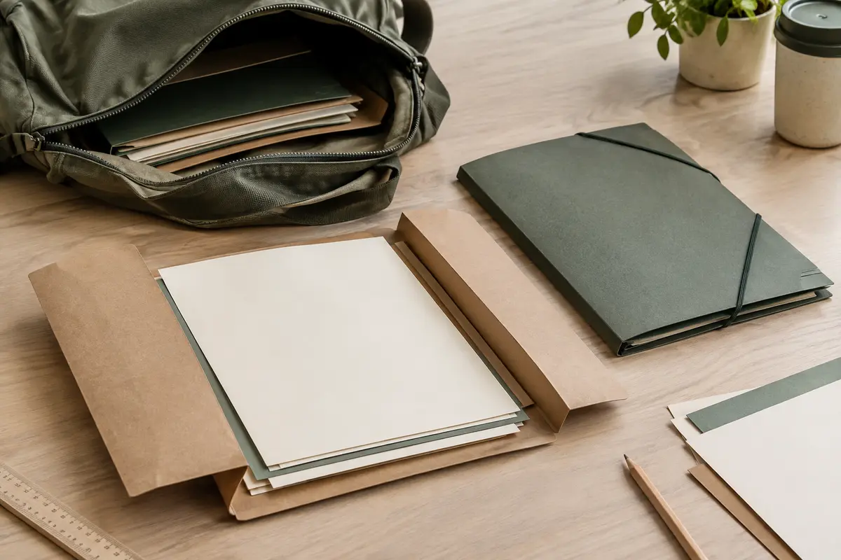 Chemise ouverte et pochette cartonnée à élastique contenant des documents prêts à être rangés dans un sac.