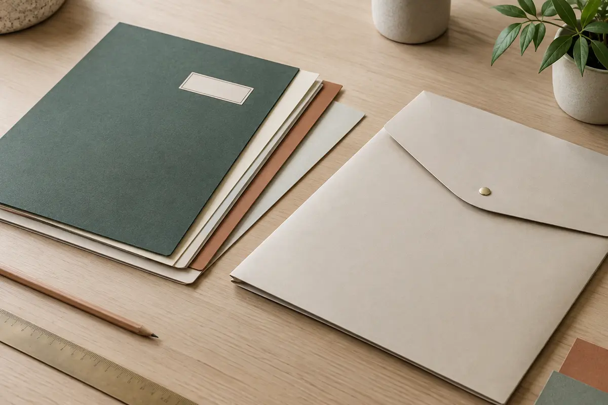 Documents papier conservés à plat dans une chemise cartonnée et une pochette à rabats