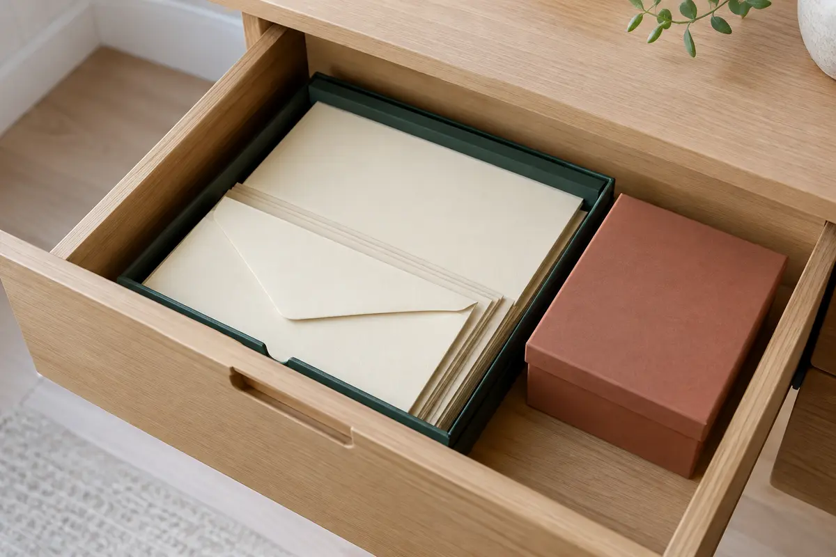 Feuilles de papier à lettres et enveloppes rangées à plat dans une chemise, à l’abri de la lumière directe.