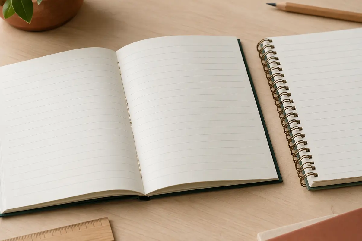 Cahier cousu ouvert à côté d’un cahier à spirale, avec leurs reliures et pages lignées visibles.