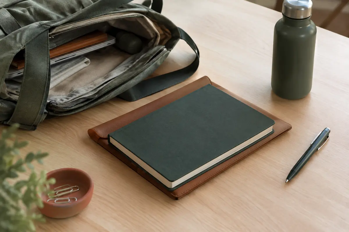Carnet fermé dans une pochette, près d’un sac rangé et d’un stylo fermé