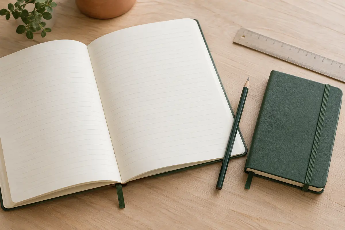 Un cahier ouvert et un carnet compact côte à côte sur une table, avec un crayon et une règle.