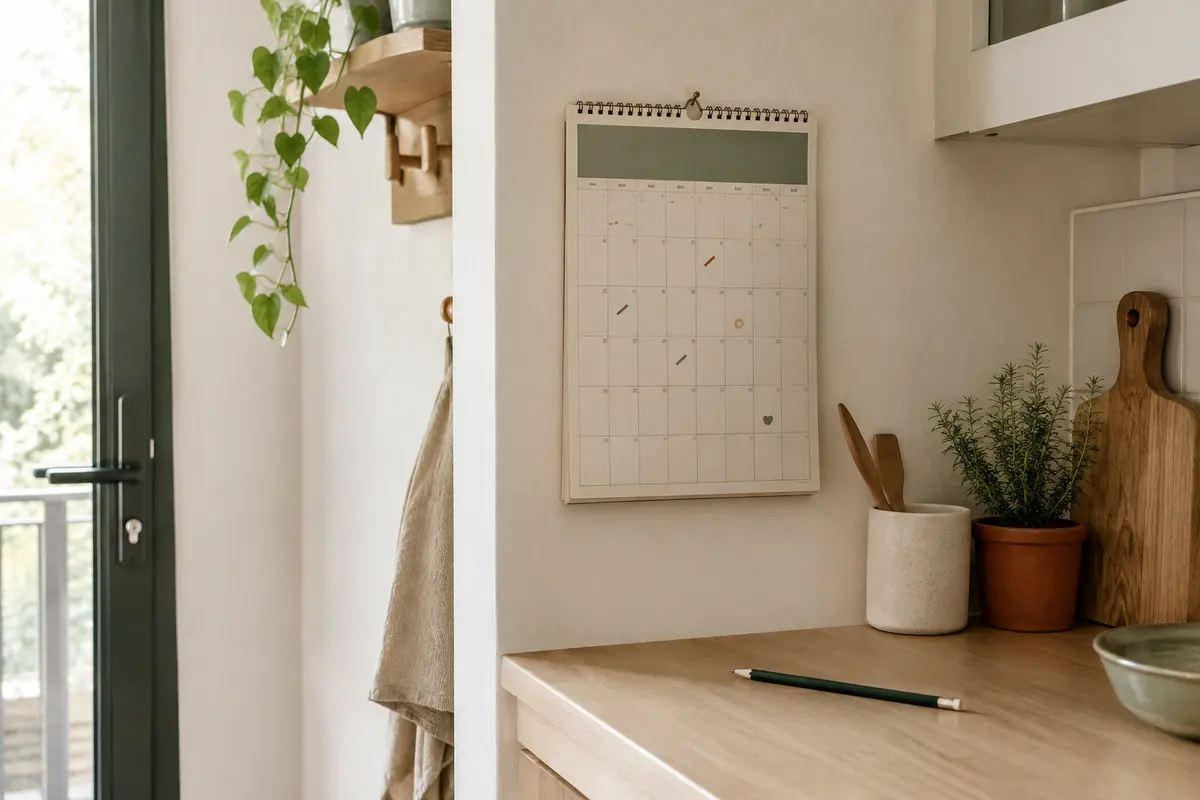 Calendrier papier compact installé dans un petit espace familial, avec un crayon à proximité