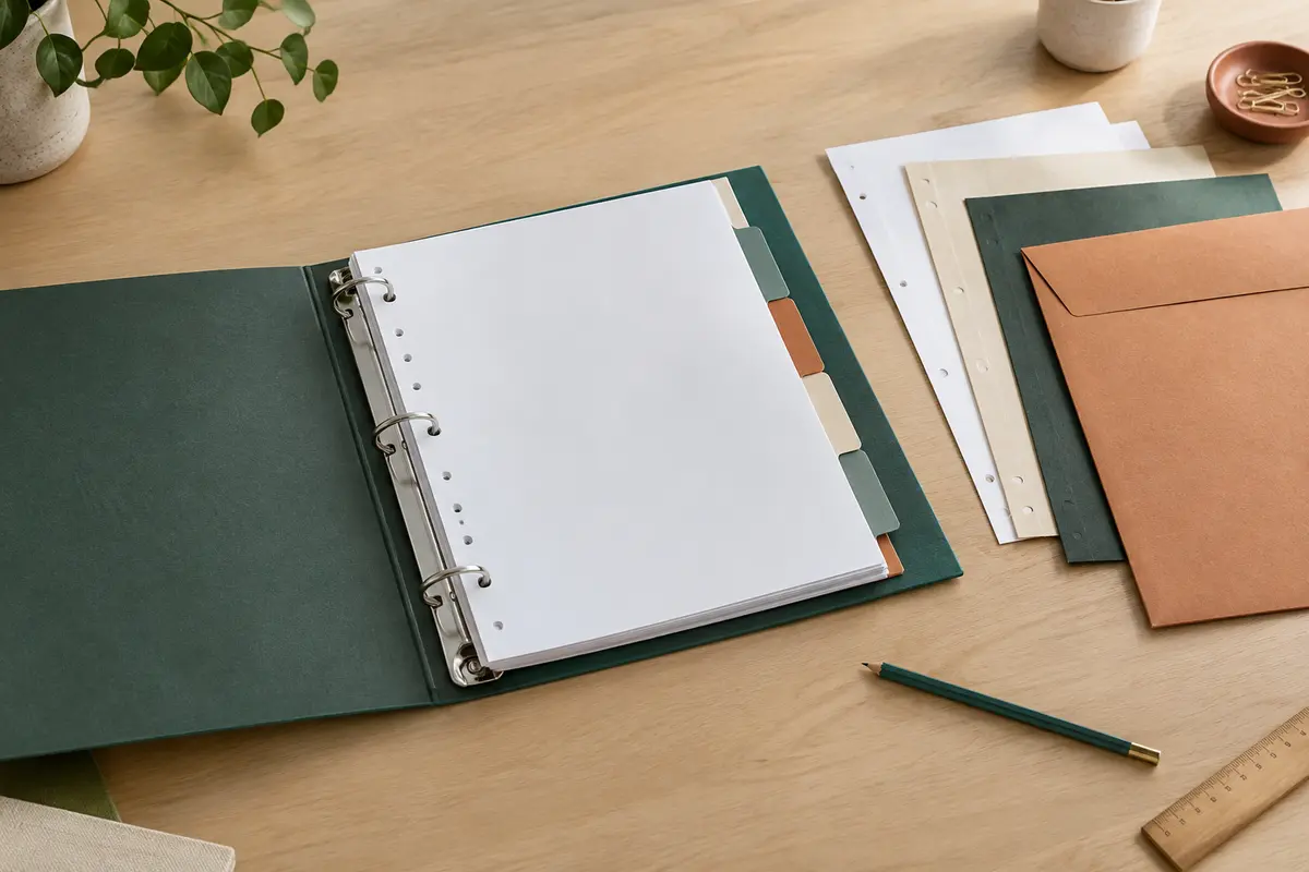 Classeur A4 ouvert avec feuilles perforées et intercalaires aux onglets visibles sur un bureau