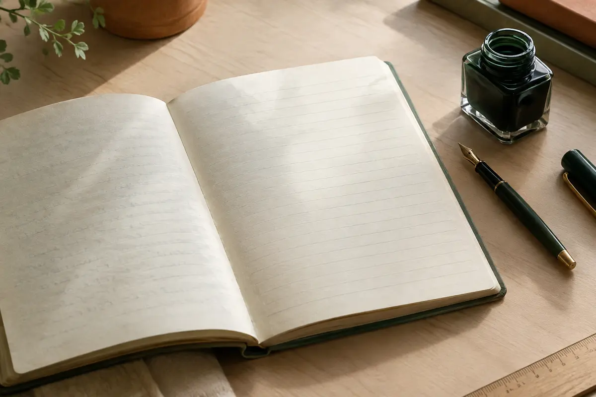 Cahier ouvert et stylo plume illustrant la transparence du papier à l’écriture
