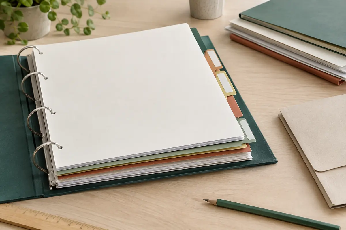 Classeur ouvert avec des intercalaires colorés séparant des documents A4 sur un bureau
