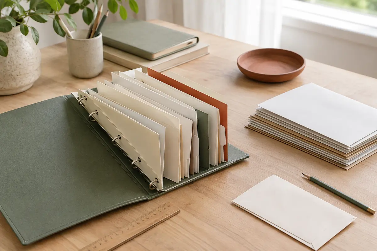 Chemises et intercalaires rangés sur un bureau pour organiser les courriers et documents administratifs à la maison
