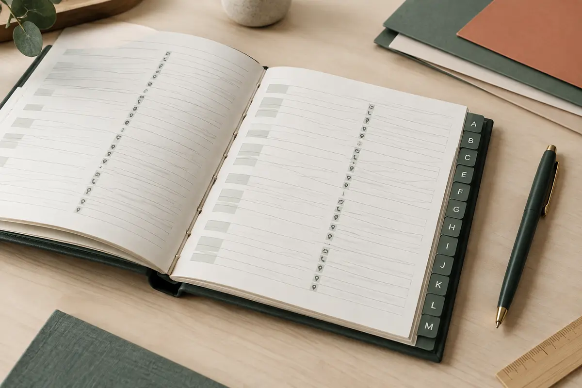 Répertoire papier ouvert avec onglets alphabétiques, stylo et feuilles de classement sur un bureau clair.