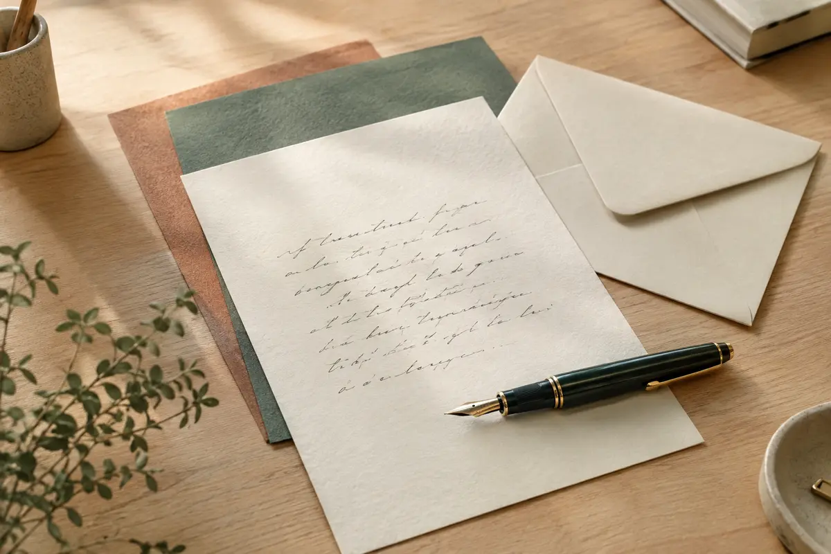 Feuille de correspondance, stylo plume et enveloppe crème posés sur un bureau lumineux