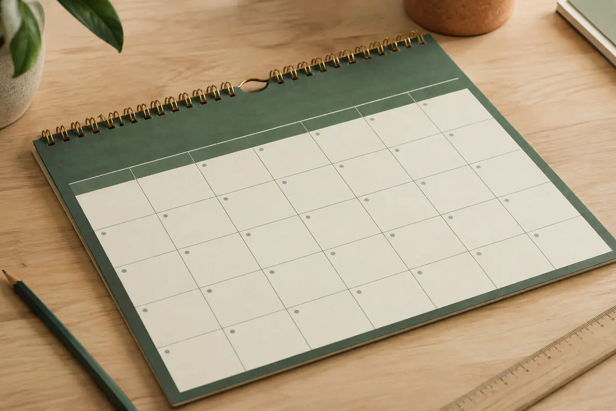 Calendrier mural A4 paysage vert à reliure double spirale dorée, posé sur une table en bois clair