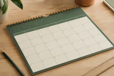 Calendrier mural A4 paysage vert à reliure double spirale dorée, posé sur une table en bois clair
