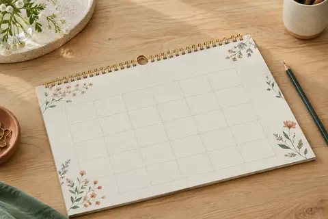 Calendrier mural ouvert aux motifs floraux, avec grandes cases, double spirale dorée et œillet métallique.