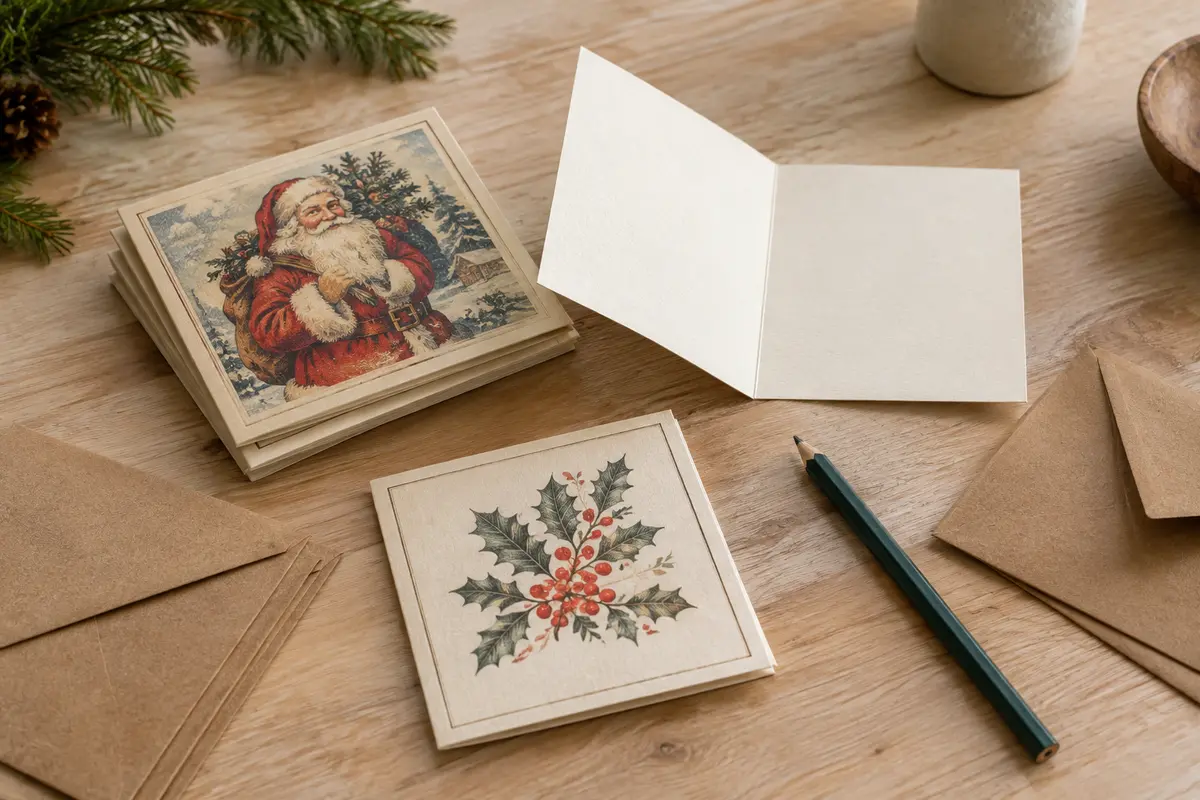 Cartes de Noël vintage à motif Père Noël et enveloppes kraft posées sur une table en bois clair