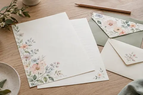 Feuilles de papier à lettres floral pastel et enveloppes assorties disposées sur une table en bois clair.