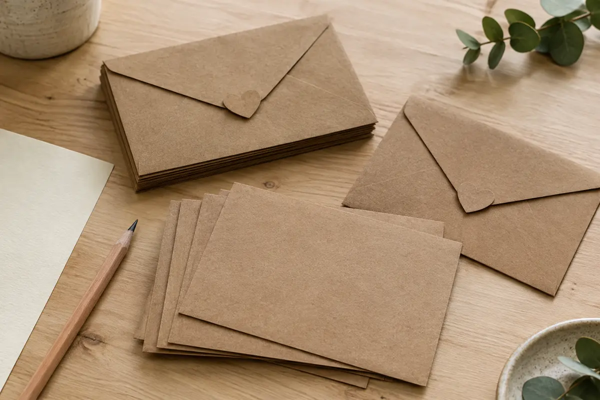 Cartes vierges en papier kraft brun et enveloppes assorties avec fermeture en forme de cœur