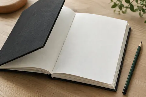 Carnet de croquis Artway à couverture noire rigide, ouvert sur ses pages blanches épaisses, avec un crayon.