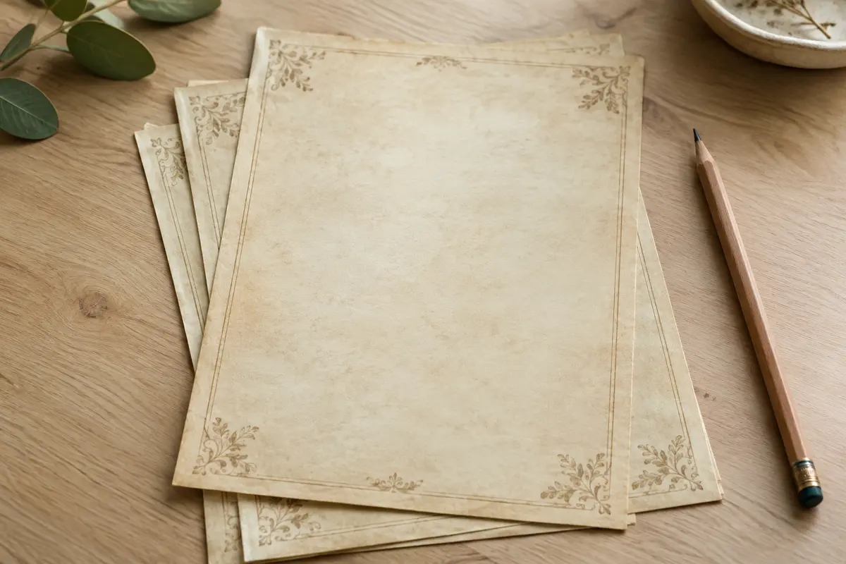 Feuilles A4 de papier au style parchemin vintage imprimées recto verso sur une table en bois clair.