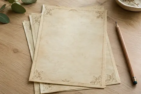 Feuilles A4 de papier au style parchemin vintage imprimées recto verso sur une table en bois clair.