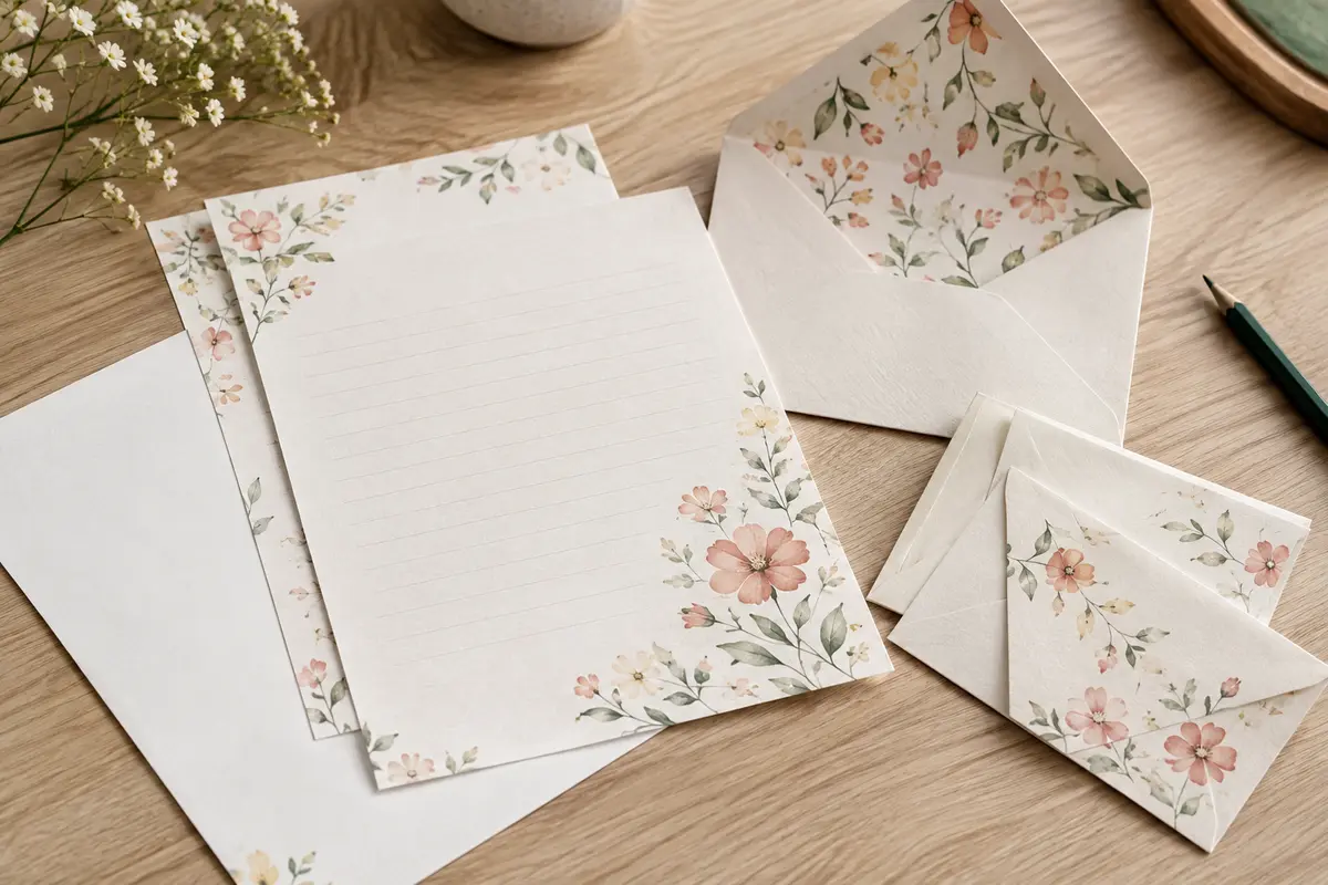Feuilles de papier à lettres floral et enveloppes assorties disposées sur une table en bois clair.