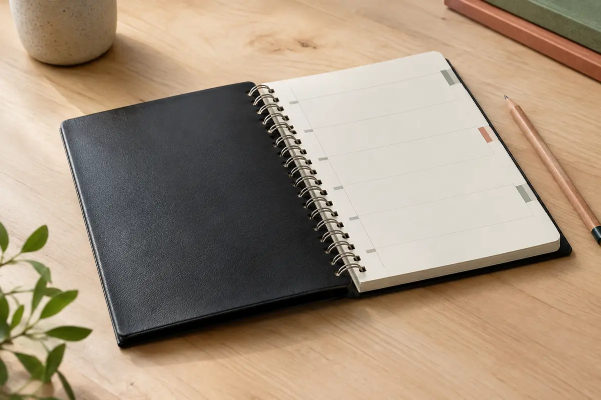 Agenda hebdomadaire A5 à couverture noire et reliure métallique posé ouvert sur une table en bois clair.
