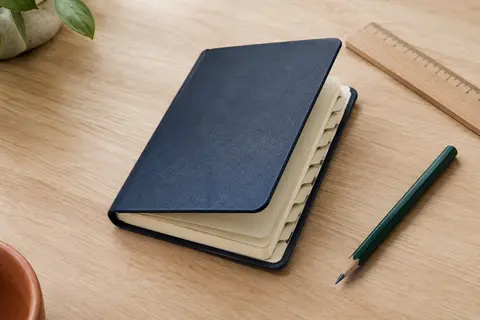 Carnet de mots de passe bleu foncé aux onglets alphabétiques, posé sur une table en bois clair avec un crayon.
