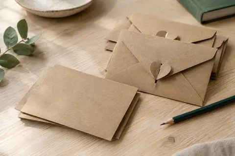 Cartes en papier kraft et mini enveloppes assorties, avec une fermeture décorative en forme de cœur