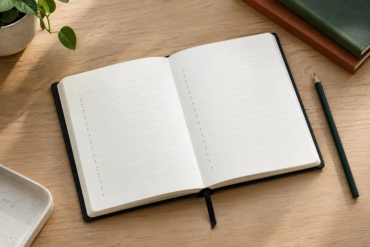 Agenda journalier noir à couverture rigide ouvert sur une page blanche réglée, posé sur une table en bois clair.