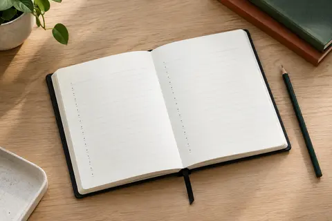 Agenda journalier noir à couverture rigide ouvert sur une page blanche réglée, posé sur une table en bois clair.