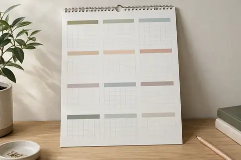 Calendrier mural A3 à trois colonnes, relié par une spirale et posé sur une table en bois clair