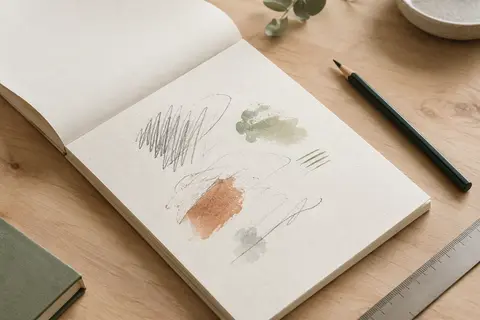 Bloc de papier blanc naturel à grain léger sur une table en bois clair, accompagné d’un crayon et d’une règle.