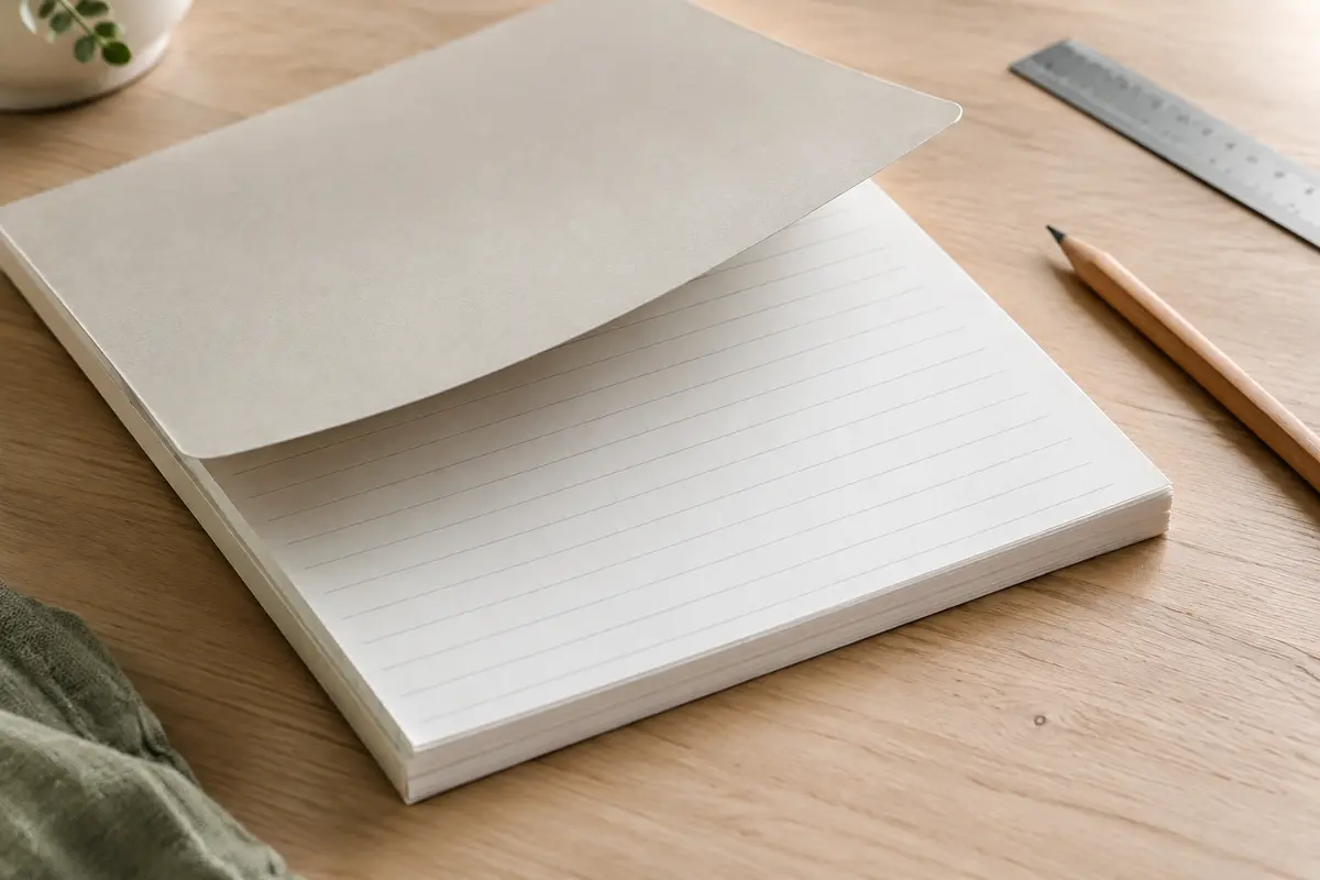 Bloc de correspondance blanc à feuilles A4 lignées, posé sur une table en bois clair près d’un crayon.