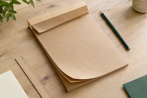 Bloc de papier kraft brun A4 encollé en tête, accompagné d’un crayon sur une table en bois clair