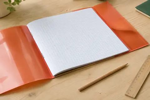 Bloc Clairefontaine à grands carreaux ouvert, couverture transparente colorée et rabats-pochettes sur une table claire.
