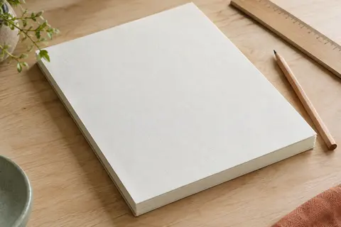 Bloc de papier à dessin blanc A4 à grain léger posé sur une table en bois clair, avec un crayon