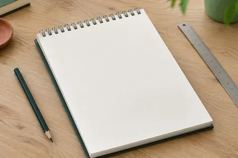 Bloc de dessin A5 à spirale en tête, ouvert sur une feuille blanche au grain très léger.