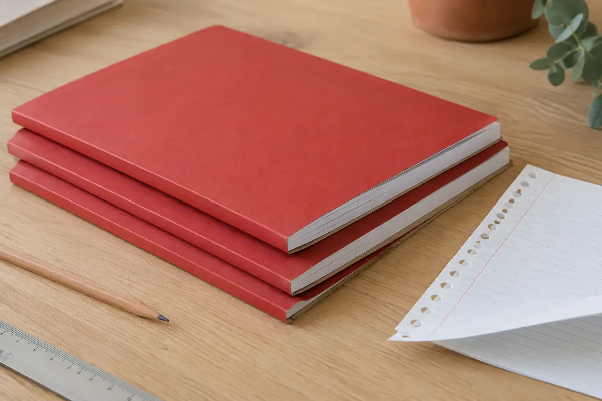 Trois blocs de cours à couverture rouge, avec feuilles lignées perforées posées sur une table en bois clair