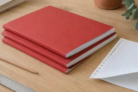 Trois blocs de cours à couverture rouge, avec feuilles lignées perforées posées sur une table en bois clair