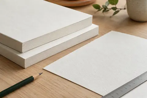 Deux blocs de papier à dessin blanc à grain, avec une feuille A4 et un crayon sur une table en bois clair.