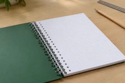 Cahier Clairefontaine à spirale ouvert sur ses pages à grands carreaux, posé sur une table en bois clair.