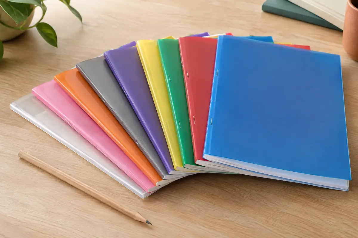 Cahiers agrafés à couvertures transparentes colorées, disposés sur une table en bois clair.