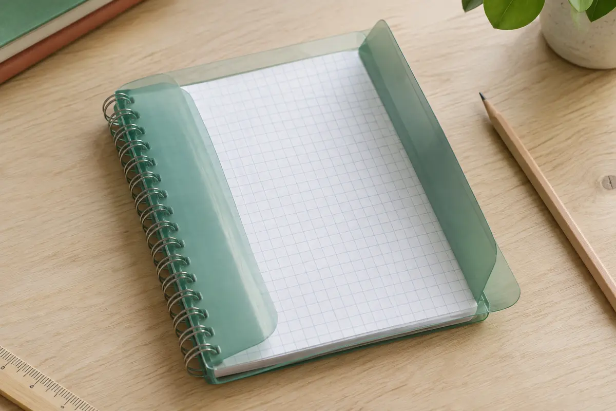 Cahier à spirale compact avec couverture en polypropylène transparente, pages à grands carreaux et rabats-pochettes intégrés.