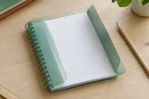 Cahier à spirale compact avec couverture en polypropylène transparente, pages à grands carreaux et rabats-pochettes intégrés.