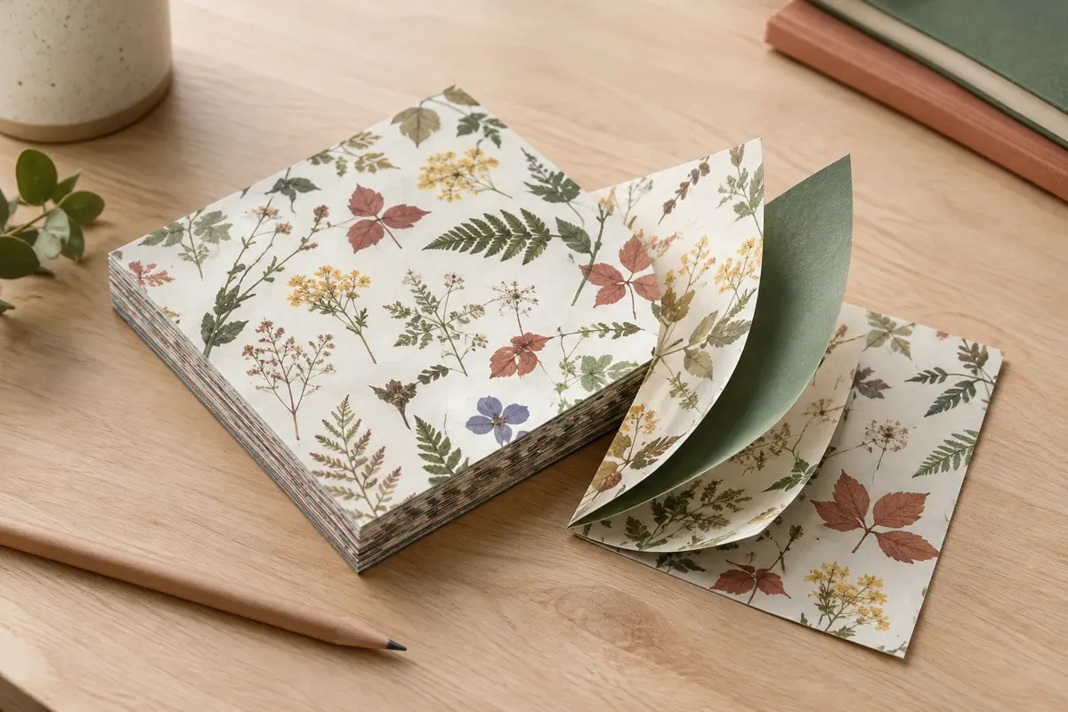 Feuilles carrées de papier origami aux motifs d’herbier, dont quelques-unes pliées sur une table en bois clair