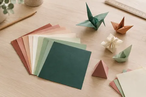 Feuilles carrées de papier origami aux dégradés variés, posées à plat et pliées sur une table en bois clair.