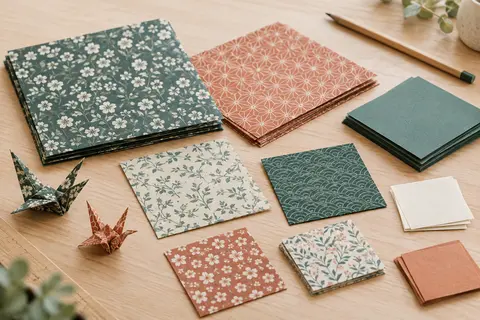 Feuilles carrées d’origami à motifs et verso uni, disposées en plusieurs formats sur une table en bois clair.